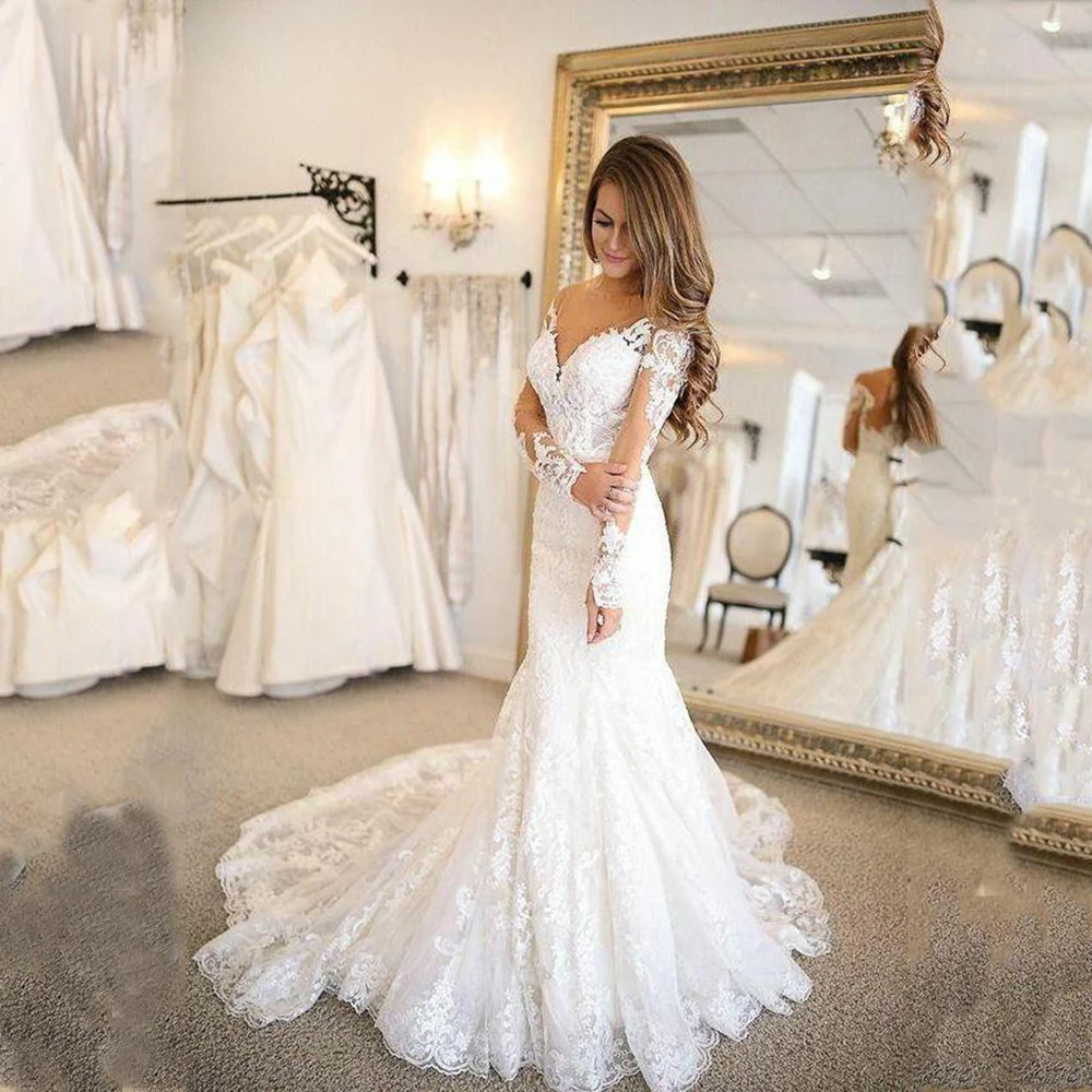 

Custom Made Long Sleeves Lace Mermaid Wedding Dresses 2022 with Appliques Jewel Neck Sweep Train Bridal Gowns Vestidos De Novia