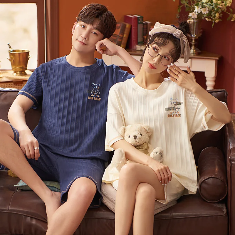 Korean Cotton Couples Nightwear Men Summer Sleep Top & Shorts Pijamas Set Women Pajamas Suit Female Male Homewear trendyol