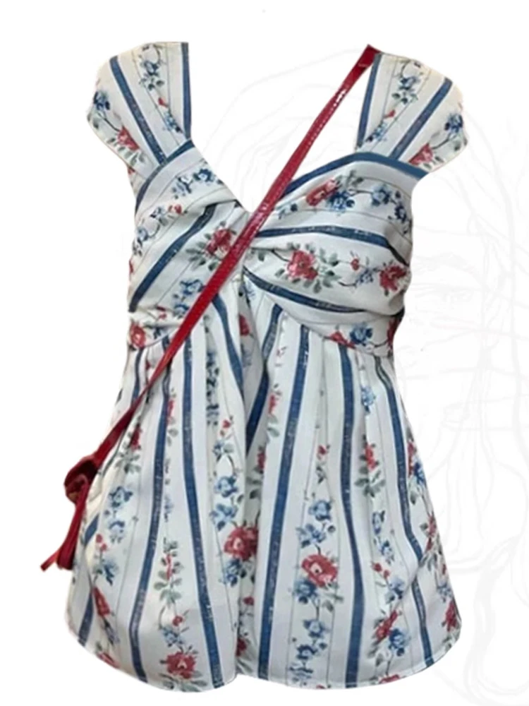 Женский топ в полоску стильный французском стиле с графическим рисунком