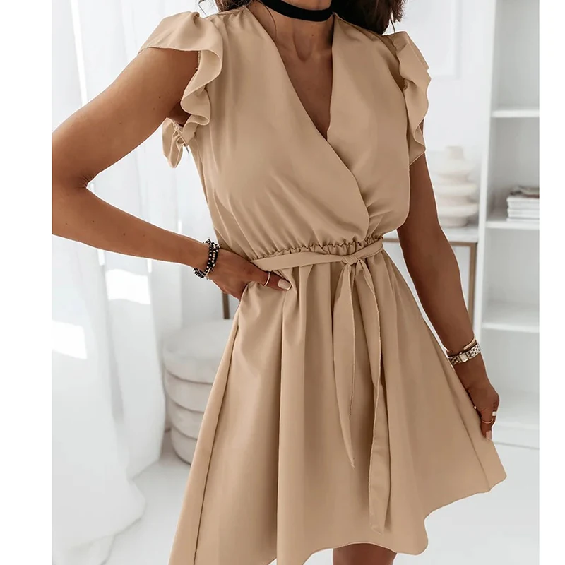 Летняя простая юбка с оборками женское однотонное платье V-образным вырезом и