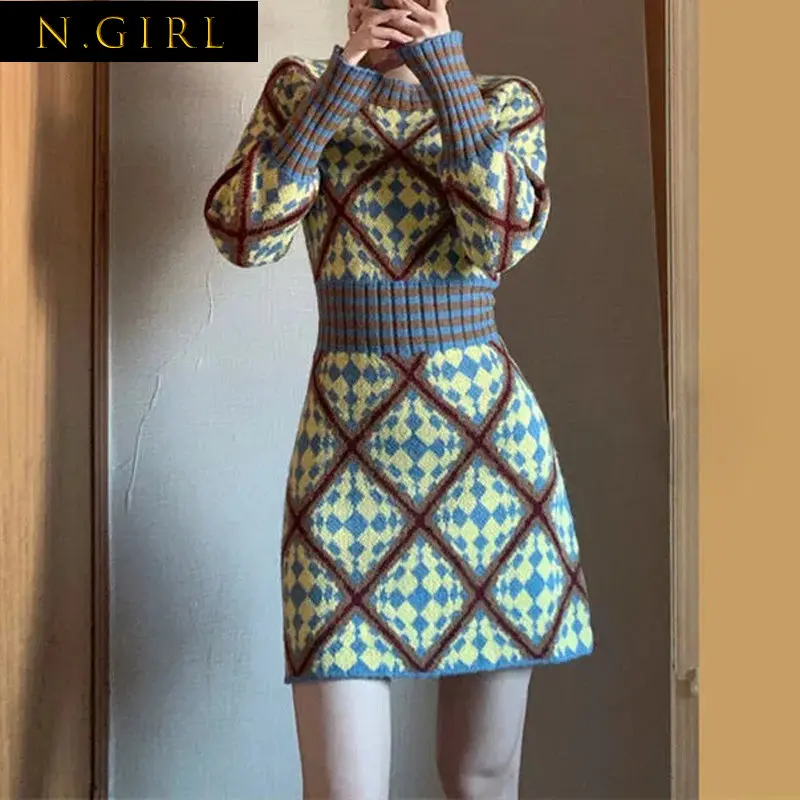 

N GIRLS Geometrical Knitted Mini Dress Women Pullover Elegant Color Block Bodycon Sweater Dresses 2022 Spring Autumn Vestidos