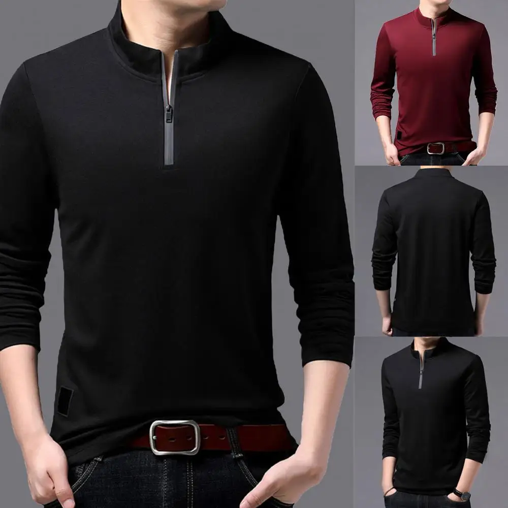 

Мужская однотонная блузка с длинным рукавом и воротником-стойкой