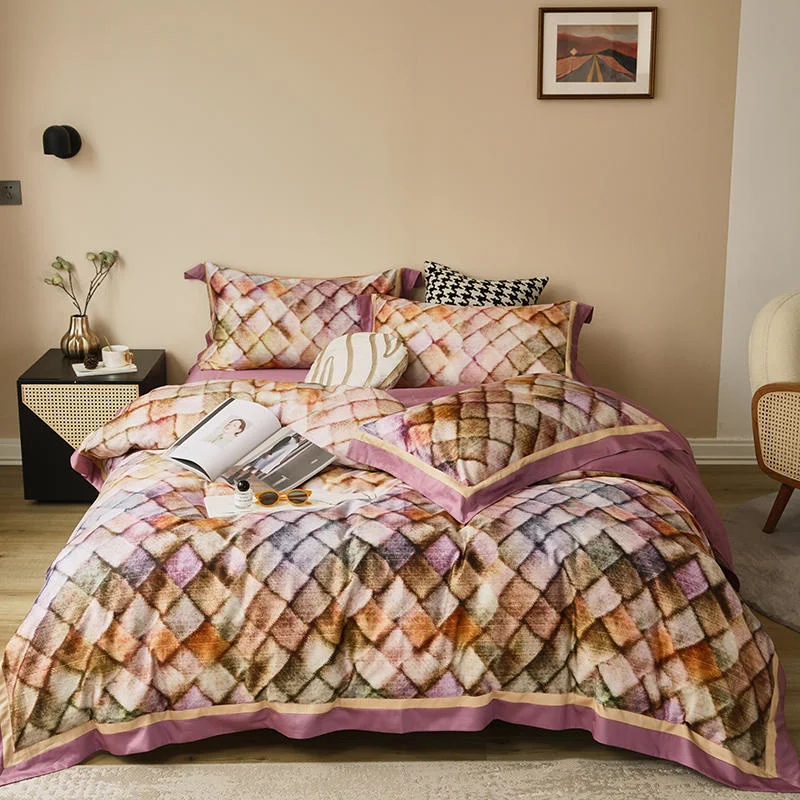 

Luxury Colorful Art Lattice Printing Satin Egyptian Cotton Bedding Double Duvet Cover Set Bed Linen Bedspread Home Textiles