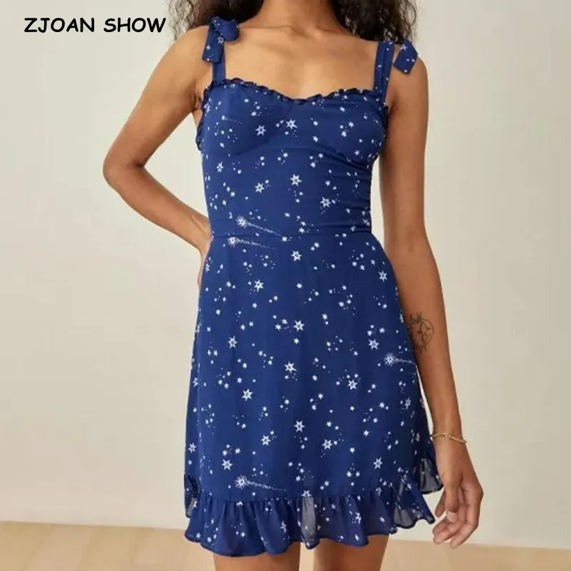 

Женское винтажное платье во французском стиле, голубое пляжное праздничное платье без рукавов с бантом и принтом звезд, Привлекательное пл...