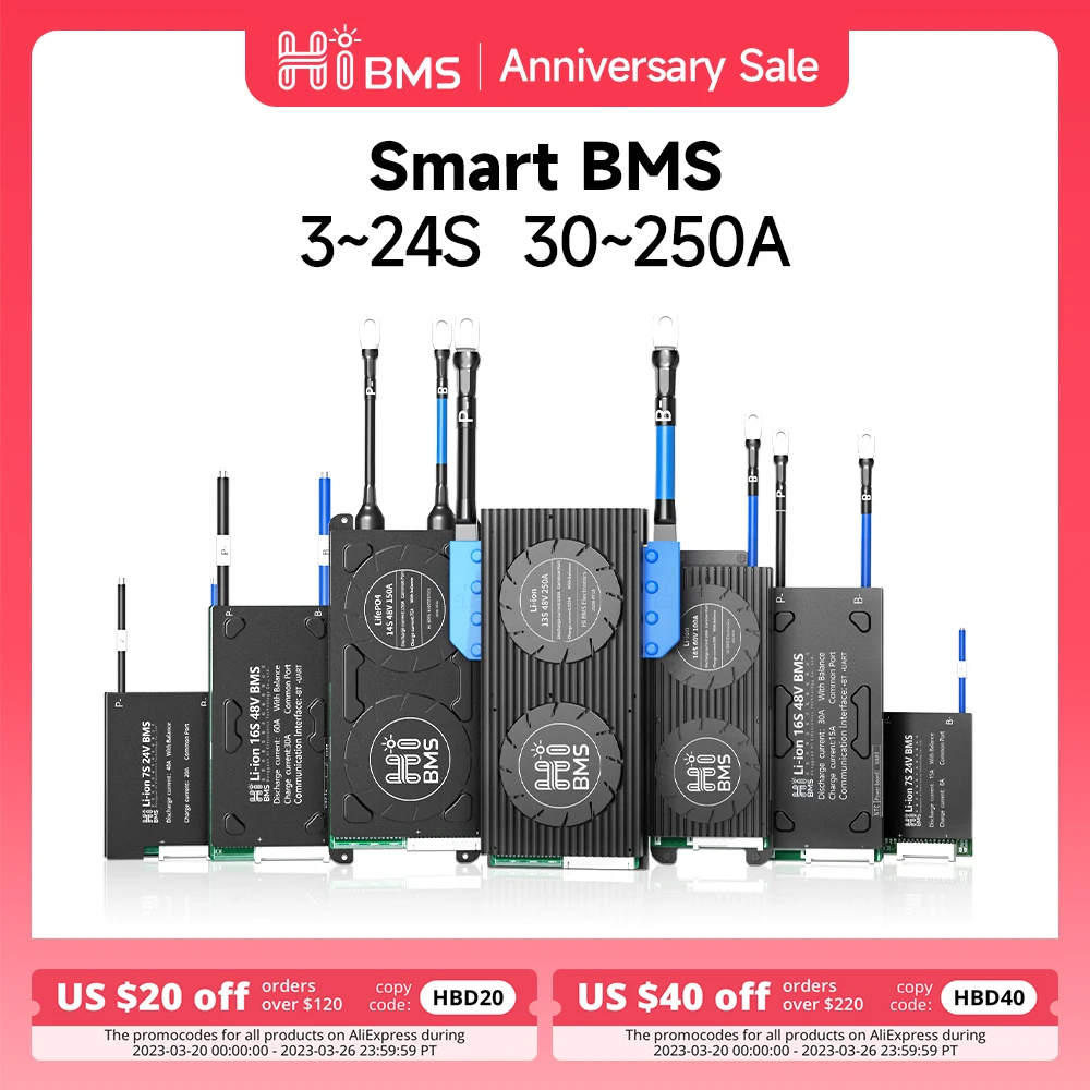 HIBMS Smart BMS Bluetooth Lifepo4 4S 12V 8S24V 16S48V Li-ion Battery Solar Inverter Outdoor Power Home Energy Storage RV Scooter
