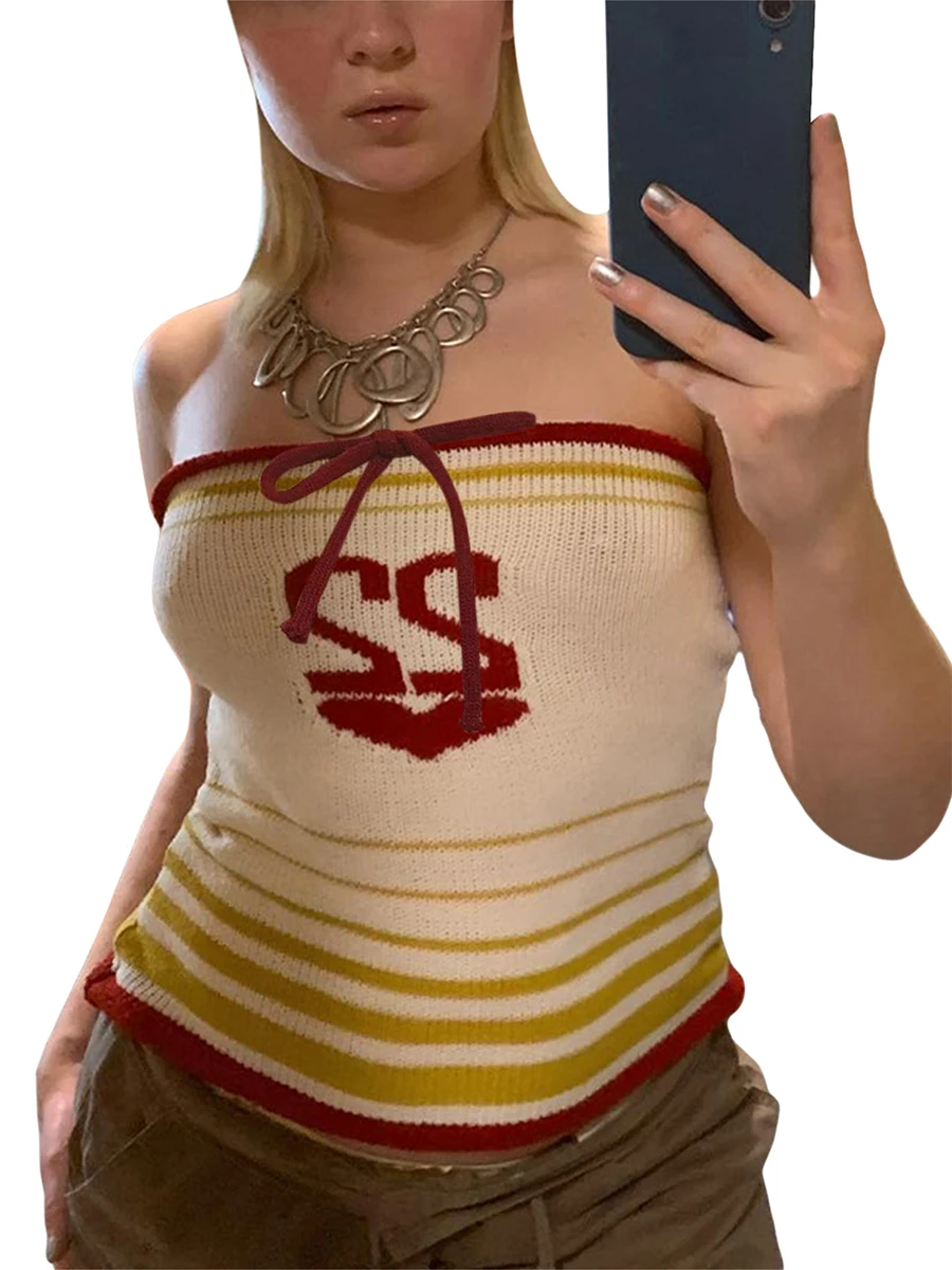 

Женская Повседневная Трикотажная майка Y2k, модный жилет с принтом в виде цифр-сердечек, Топ без бретелек с открытыми плечами и завязкой