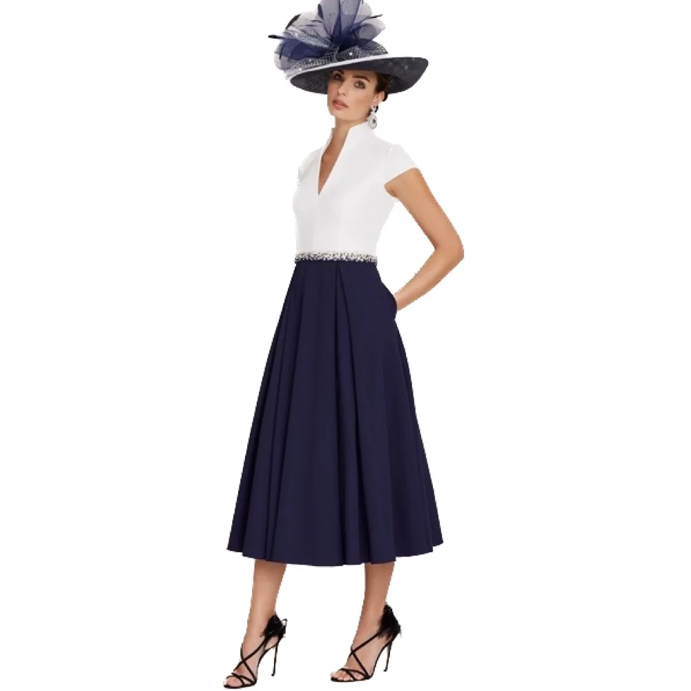 

Elegant Two-Tone Mother of the Bride Dress White V-Neck Top Navy Blue Flared Midi Skirt Crystal Embellished Waist Classy Events