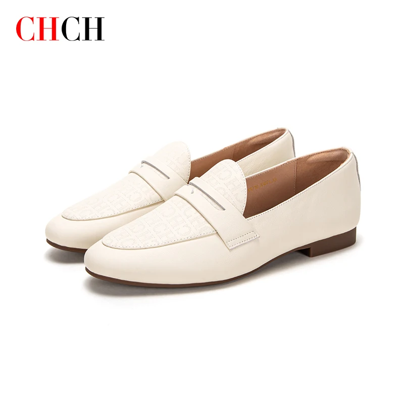 CHCH Women Single Shoes Genuine Leather Shoes Women Luxury Business Loafers Casual Flat Shoes Comfortable Cover Feet Womens Flat