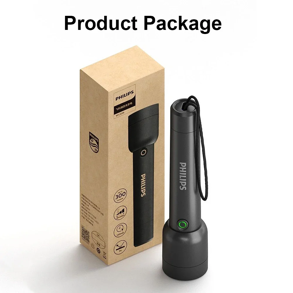 Philips SFL1236 Мощный светодиодный фонарик с 4-режимной портативной перезаряжаемой