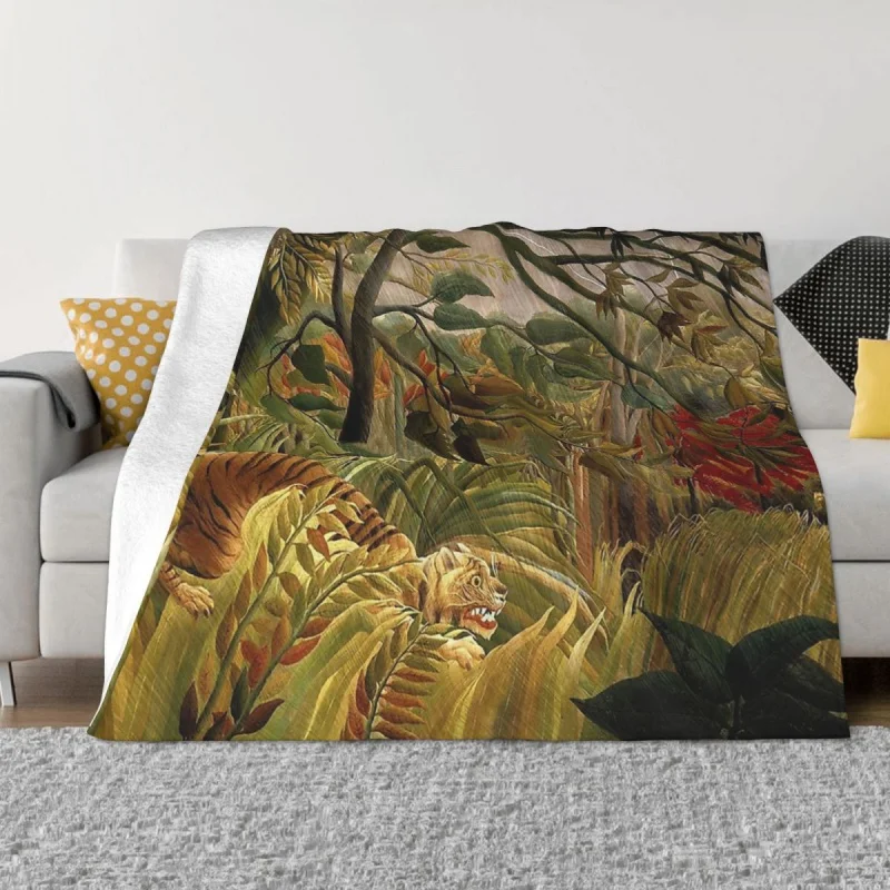 

Tiger Kingofthe Forest Animal Blanket Flannel Decoration Tropical Storm Henri Rousseau Portable HomeBedspread