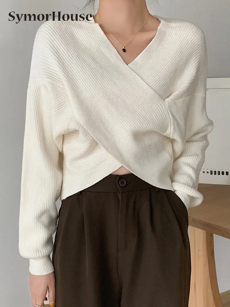 

Spring Autumn Winter Cross V-neck Knitted Sweater Women Long Sleeve Jumper Femme Sexy Elegant Party Pullover Knit Tops Female