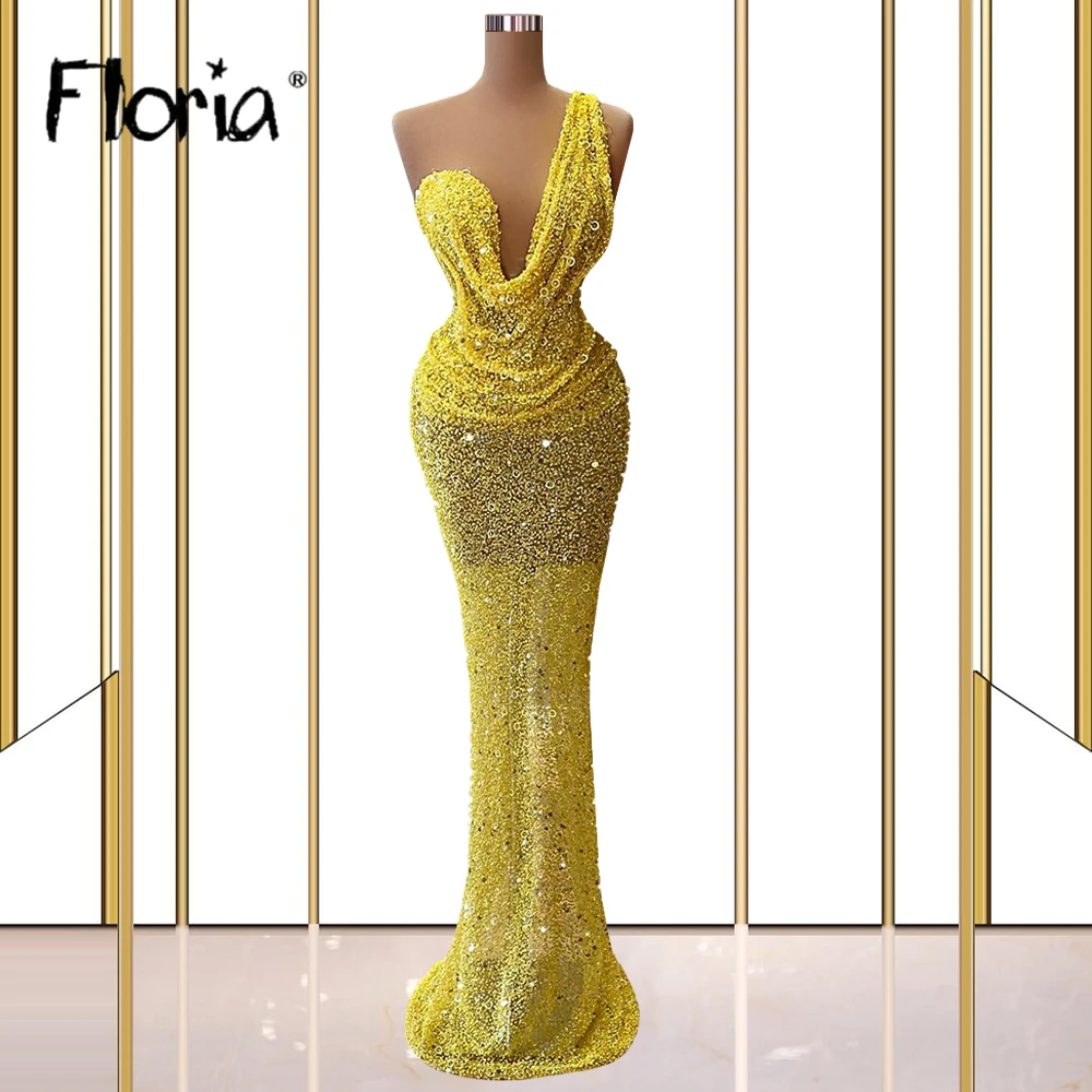 

Yellow Sequins Mermaid Prom Dress Elegant and Chic Summer Party Gowns Arabic African Formal Robes Plus Size Vestidos De Fiesta