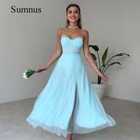 sky blue a line prom dresses spaghetti straps side split sweetheart ankle length evening gown simple party gown summer 2022