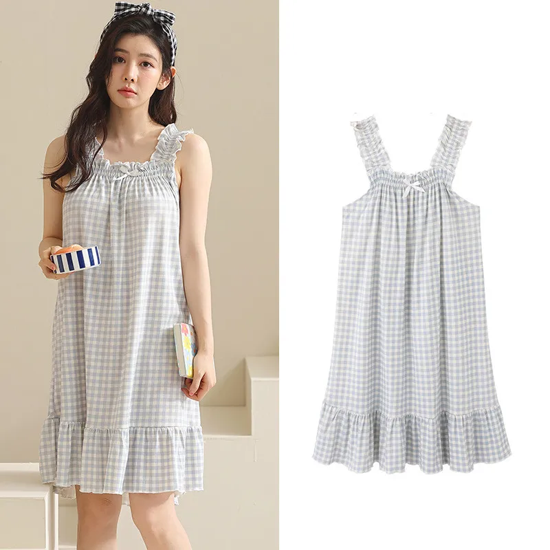 Fdfklak Korean Sweet Women's Suspender Night Dress Plaid Cotton Nightgowns Sleeveless Sleepwear Nightie New Nuisette Femme M-5XL