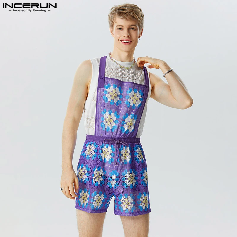 

INCERUN 2023 Handsome Mens Bodysuits Shorts Tracery Lace Printing Rompers Casual Well Fitting Comfortable Shorts Jumpsuits S-5XL