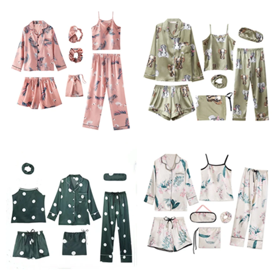 

Lingering Warmth 7 Pieces Womens Silk Satin Pajamas Sets Pyjamas Sleepwear Pijama Suit Female Sleep Loungewear