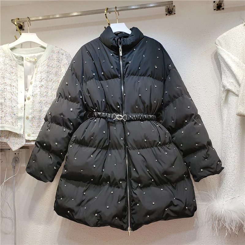 Women's Winter 2022 Mid-length Thickened Parka Women's Warm Jacket New Rhinestone Beaded Waist Cotton Clothes