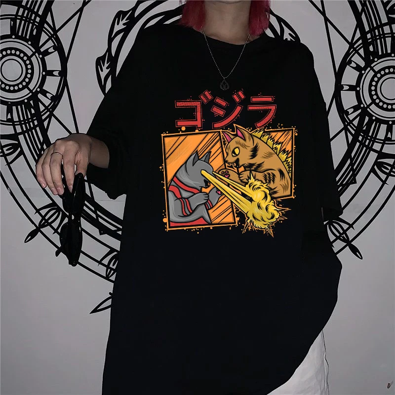 

2022 Women's T Shirt Harajuku Cute Cat Print Short-Sleeve O-Neck Tee Shirt Women Aesthetic Tshirt Tops Fashion Female T Shirt