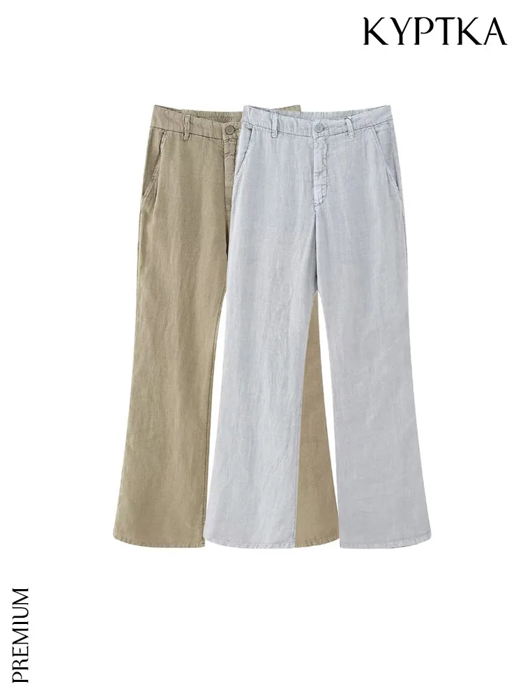 

KYPTKA Women Fashion Side Pockets Linen Flare Pants Vintage Mid Waist Zipper Fly Female Trousers Mujer