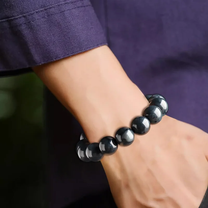 Натуральный нефритовый браслет из нефрита для мужчин и женщин Lucky Black 13 мм круглый