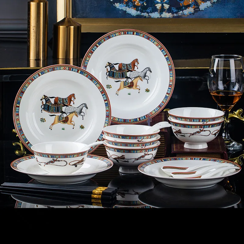Bone China Ceramic Tableware Set European Style Luxury Kitchen Dinner Bowl Plate Spoon Combination Wedding Gift Horse Finished