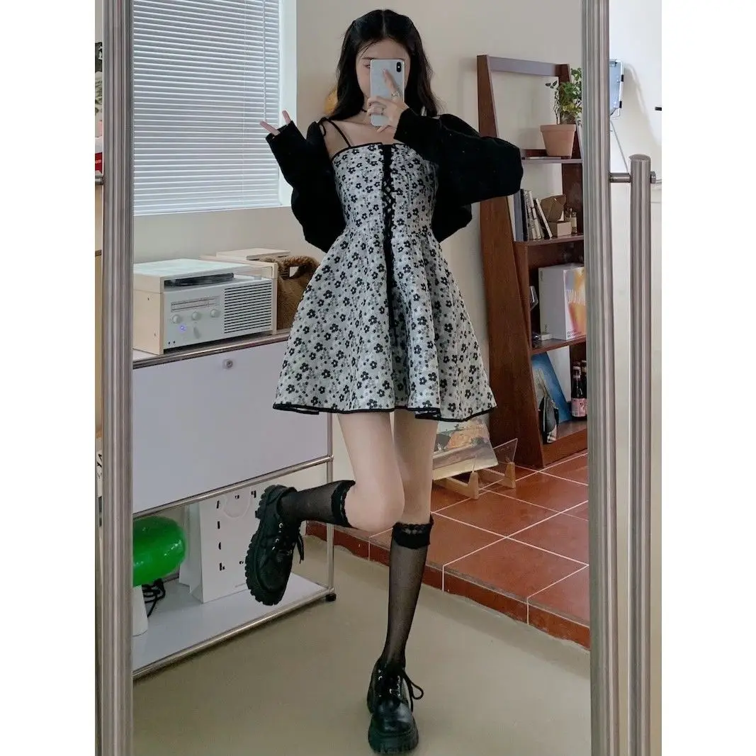 

Sweet and Cool Floral Dress Female Slightly Fat MM2022 Spring Waist Puffy A-line Skirt Shawl Knitted Cardigan Short Suit