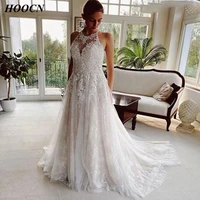 herburnl o neck fashion wedding dress 2022 applique sexy a line halter elegant for bride floor length chapel train sleeveless