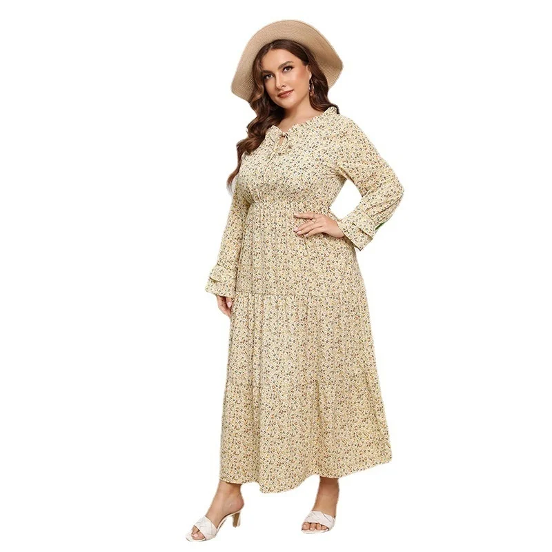 2022 Plus Size Printed Dress French Holiday Style Autumn Winter Lace Round Neck Petal Sleeve Printed Elegant Women's Dress