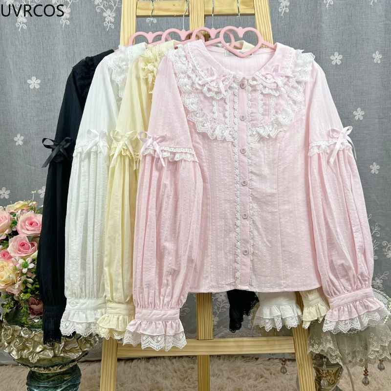 Фото Kawaii милые рубашки в стиле Лолиты женские японские викторианские ретро элегантные кружевные лоскутные блузки с бантом женские элегантные милые внутренние топы №1