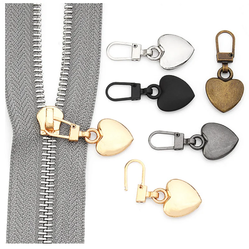

5pcs Heart Shape Detachable Metal Zipper Pullers Zipper Sliders Head Zipper Pull Tab DIY Sewing Zippers Repair Kits