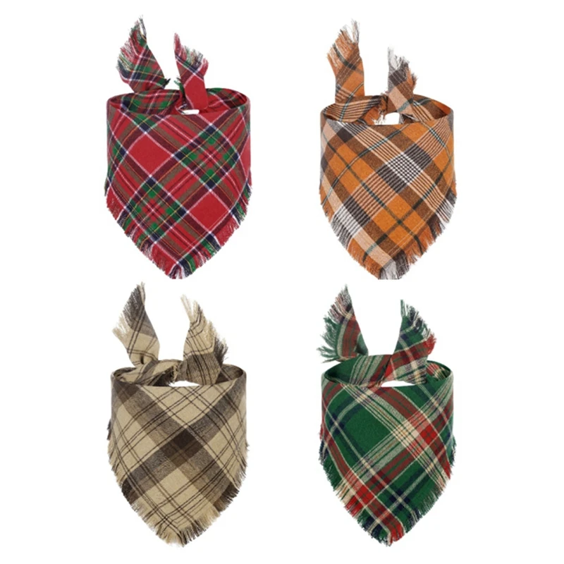 

Stylish Dog Bandanas Plaid Dog Scarf Bib Plaid Pet Triangle Scarf Tassel Bandanas