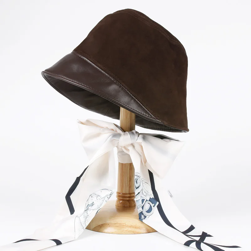 

Japanese Harajuku Basin Hat Women Ladies Genuine Leather Suede Patchwork Fisherman Caps Fashion Winter Streetwear Chic Bonnet