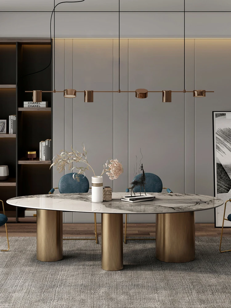 

Light luxury rock plate dining table oval designer fashion creative bright marble dining table large family conference room tabl
