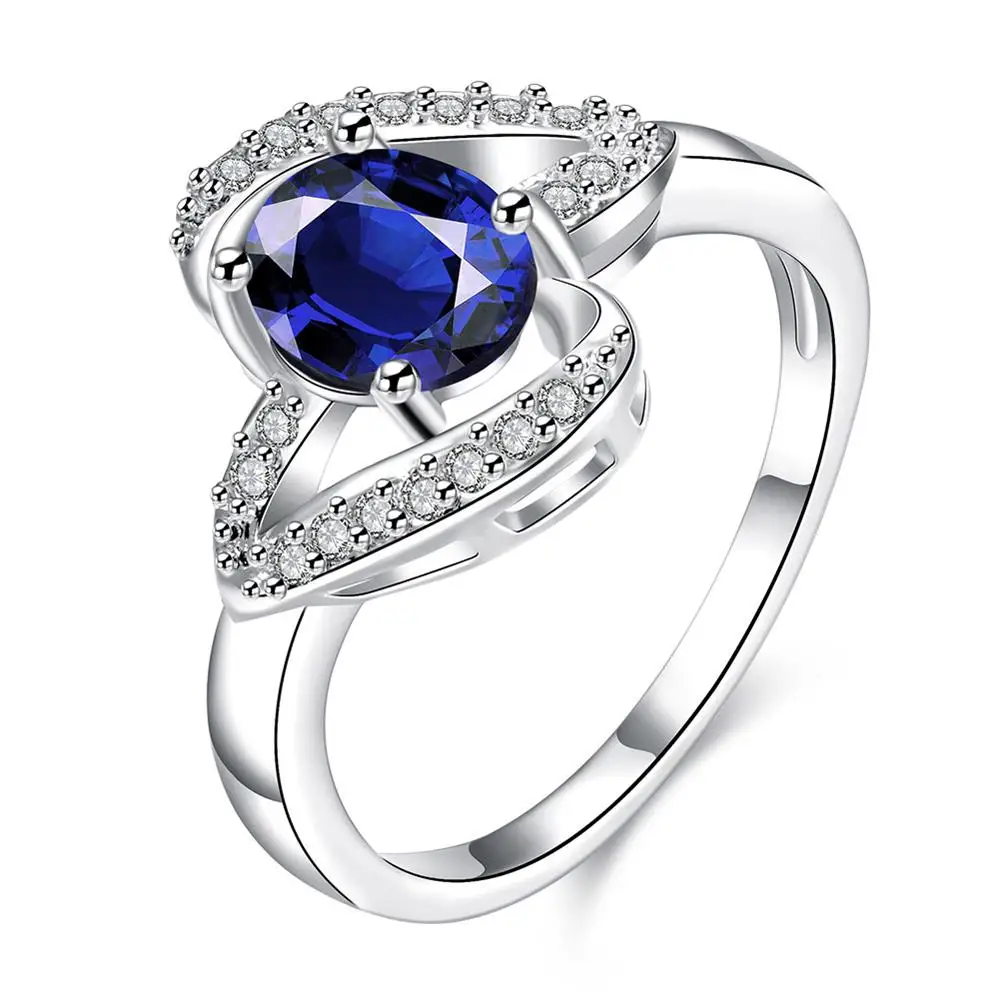 

Silver-plated Ring Elegant Botanical Design Set with Blue Oval Zircon R005-B-8