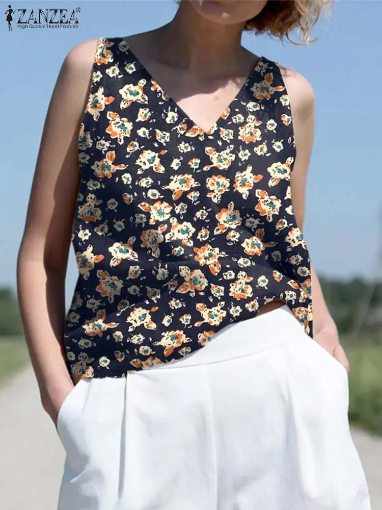 

ZANZEA Summer Tanks Tops Women Vintage Floral Printed Blouse Bohemian V Neck Sleeveless Beach Shirt Casual Loose Blusas Camis