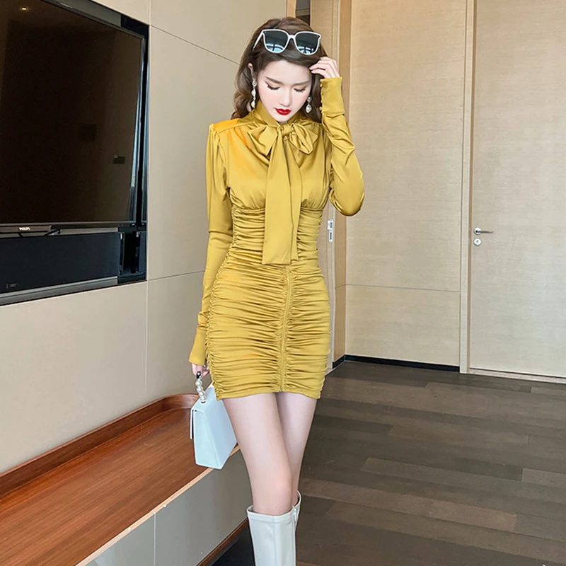 

Fashion Korean Style Women Retro Bow V-Neck Folds Midi Dress Temperament Elegant Sexy Street Clothes Shirt Satin Female Dress