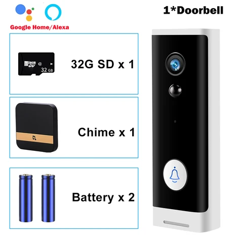 TUYA Wireless Doorbell Infrared Smart Home Video Door Bell Chime Kit Security Alarm Two-Way Audio Long Standby Google Alexa