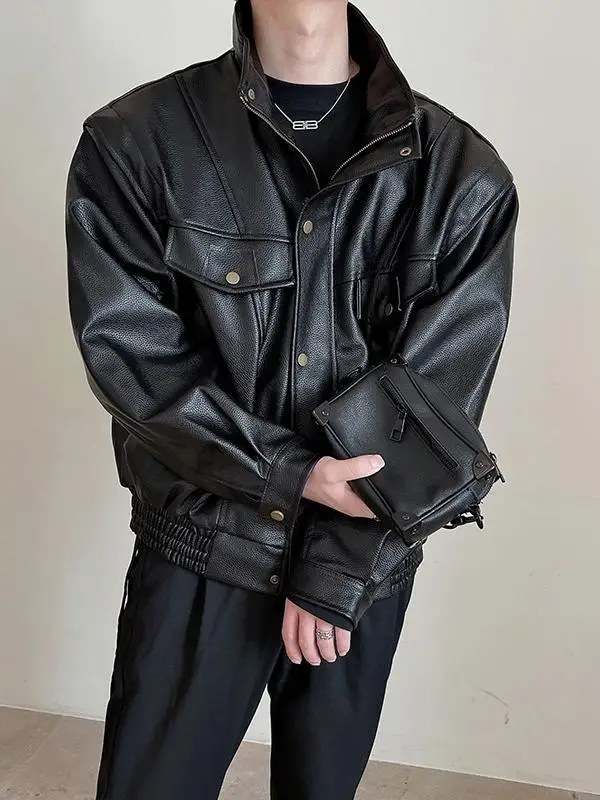 Кожаная куртка с американским воротником-стойкой мужская весенне-осенняя