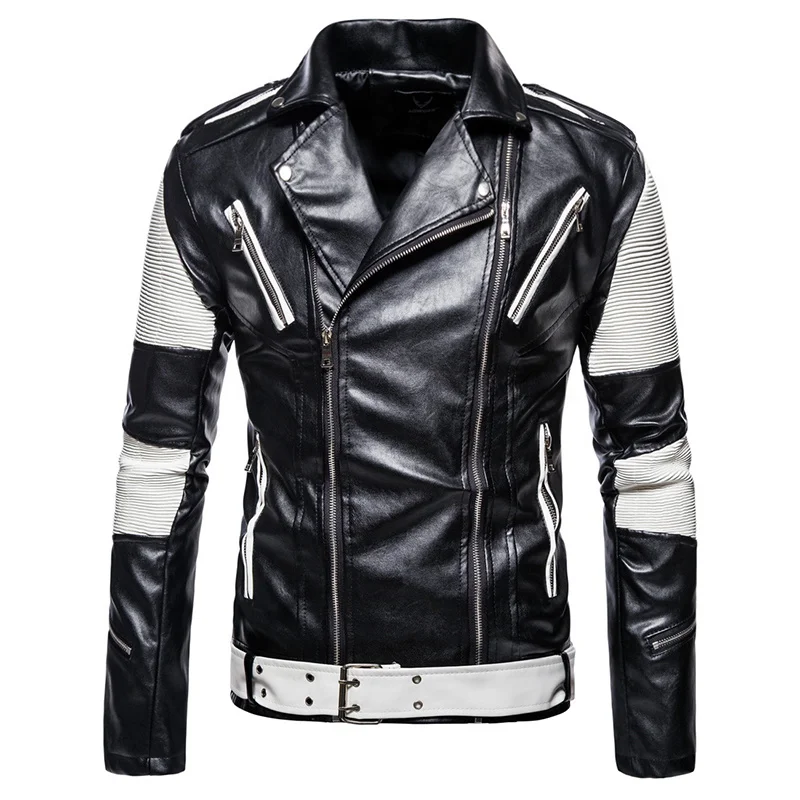 

2023 New Fashion Men Leather Jackets Coats Multi Zippers Patchwork Motorcycle Leather Jacket Men Slim Fit Punk Jacket