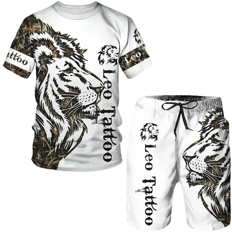 

Summer Men's Animal Tattoo White Short Sleeve T-Shirt The Lion 3D Printed O-Neck Tees&Shorts Suit Casual Sportwear Tracksuit Set