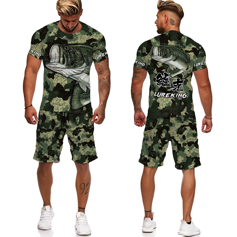 2023 summer new men's camouflage animal fish pattern 3D printing men's T-shirt / shorts / suit men's Harajuku fashion T-shirt su