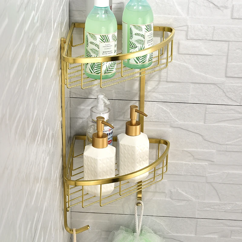 

Towel Shelf With Gold Shampoo Storage Holder Mounted Rack Corner Triangle Hook Stainless Brushed Bathroom Shelves Shower Wall