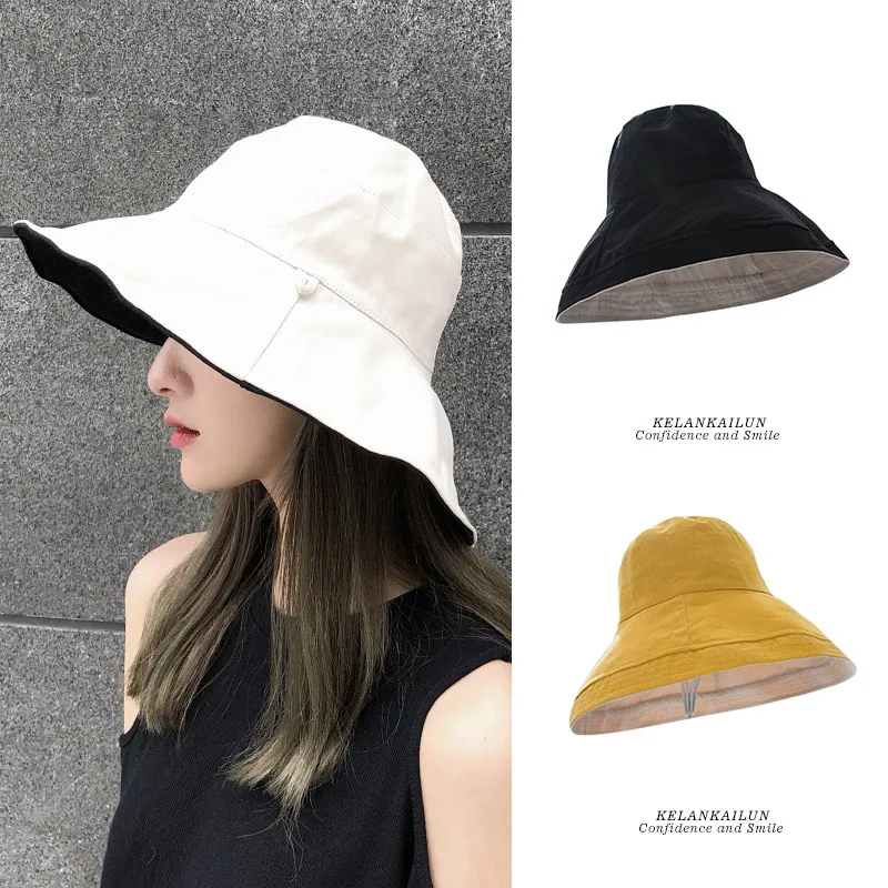 

Bucket Hats Women's Summer Korean Version Of The Sunscreen Large Brim Double-sided Solid Color Pot Cap