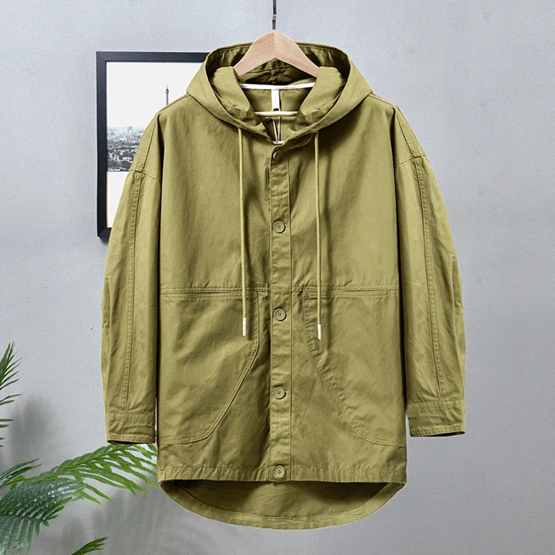 Hooded Casual Windbreaker Jacket Men's Cotton Loose Long Sleeve Top Outdoor Camp Hiking Trekking Fitness Sports Storm Suit Cloth