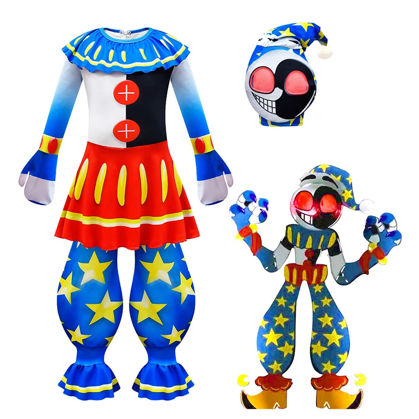 Sundrop Fnaf Moondrop Boss Cartoon Clown Mask Jumpsuits Boy Cosplay Anime Halloween Costume for Kids Clothes Carnival Disguise