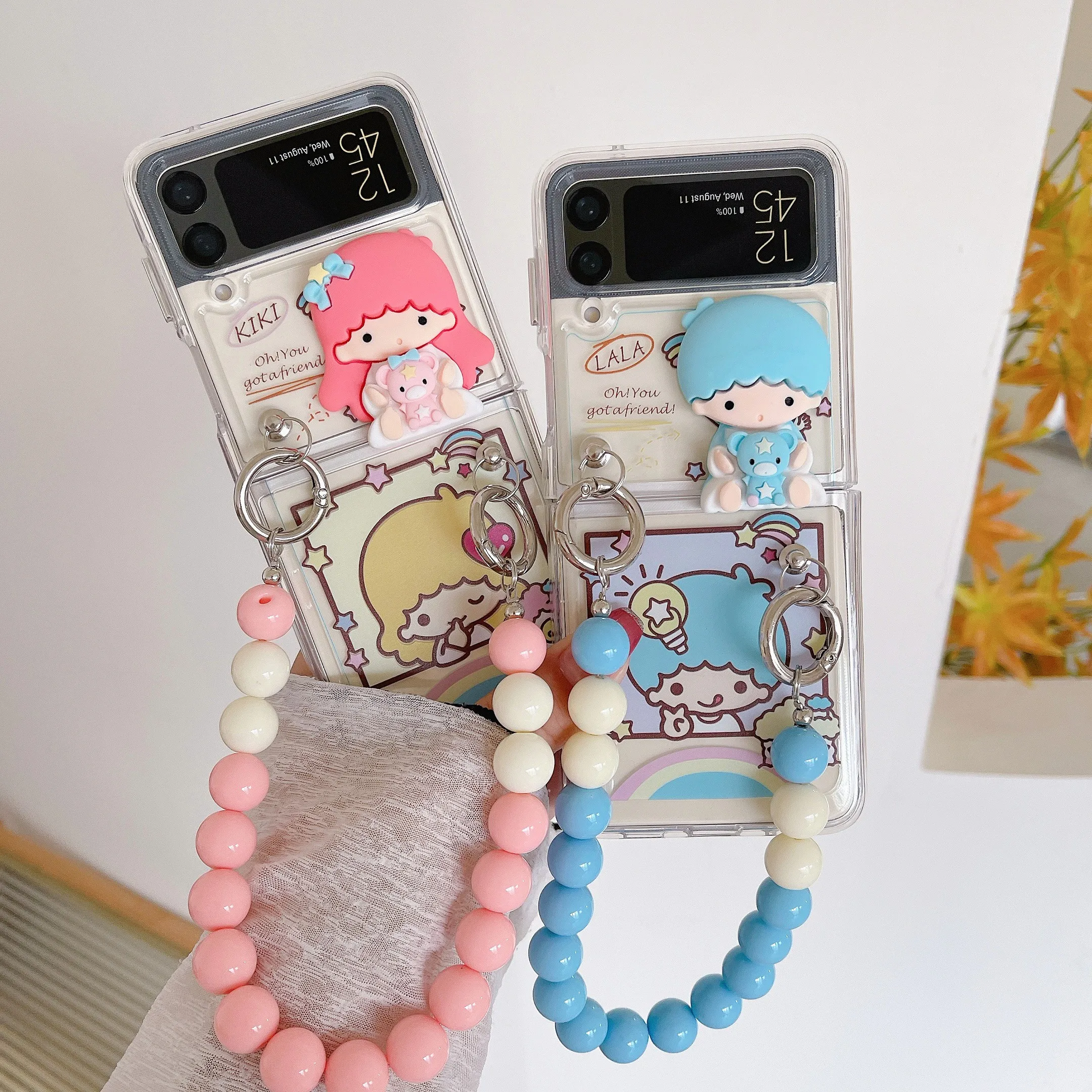 

Cartoon Cute Sanrio LittleTwinStars With 3D Bracelet Doll Phone Case For Samsung Galaxy Cover ZFlip3 ZFlip4 5G Back Cover Gift
