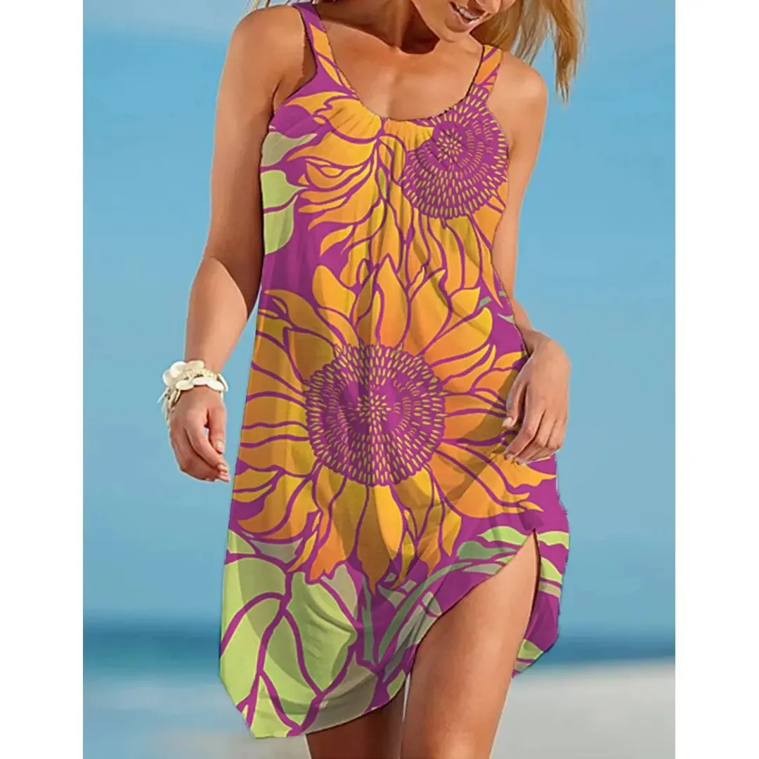 

Summer Sexy 3d Female Sun flower Print Halter Neck Dress Beach Fashion Boho Midi Dress Women Sleeveless Tank Dress O-Neck Dress