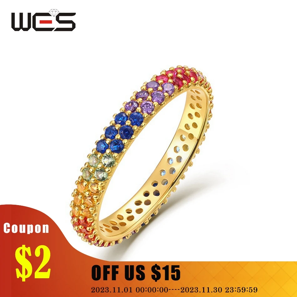 

WES 925 Sterling Silver Original Certified Rainbow Rings for Women Colored Crystal Zicron Birthday Christmas Gifts Fine Jewelry