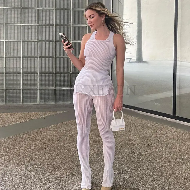 

Sexy See Through Solid Knitted 2 Two Piece Set Women Casual Sleeveless Long Top And Skinny Pants Fashion Streetwear