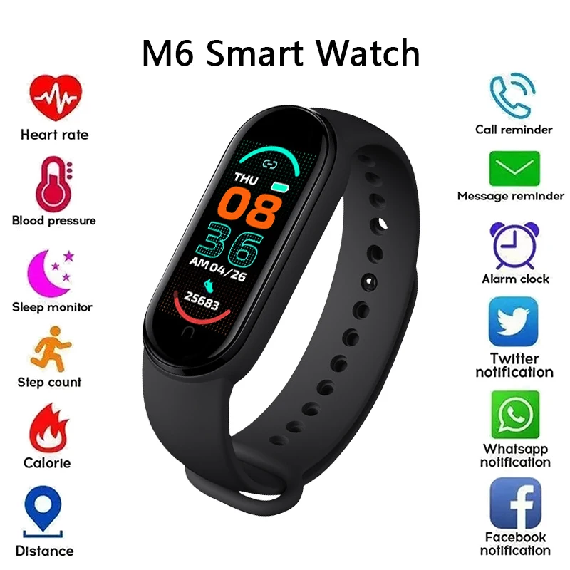 

Smart Watch M6 Men's and Women's Fitness Heart Rate Blood Pressure Monitoring Bracelet Message Push Music Control Digital Watch
